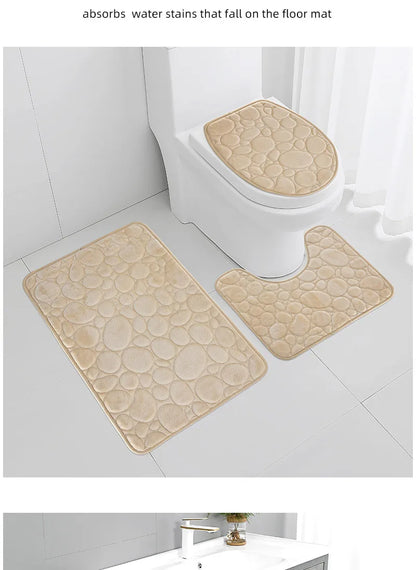 1 Set of Solid Color Simple Bathroom Water-absorbing and Non-slip Floor Mat Stone Pattern, Comfortable and Soft, Three-piece Set
