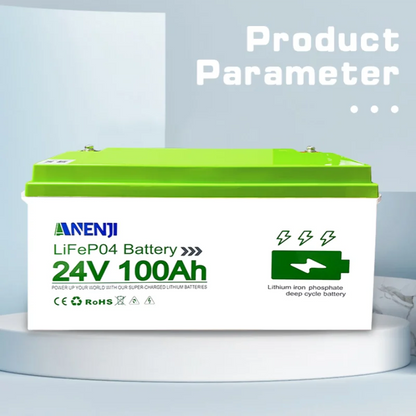 ANENJI LiFePO4 Batteri 24V 100Ah 2,56kWh – Bluetooth, 100A BMS (200A puls), Grade A Prismatiska Celler, >6000 Cykler, IP65, 5års Garanti, EU-lager (Polen)