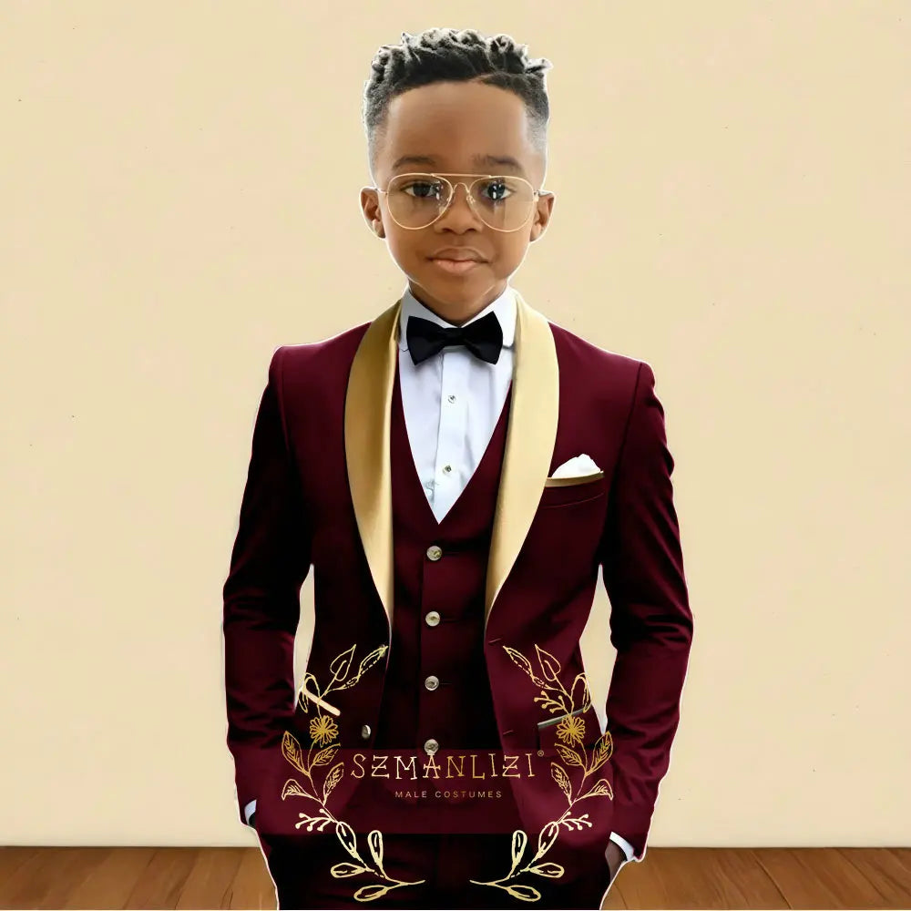 Oil Green Boys Suit 3 Pieces Wedding Tuxedo for Kids Jacket Pants Vest Gold Shawl Lapel Child 2-16 Years Old Customized Outfit