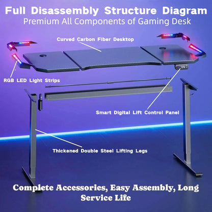 Electric Height Adjustable Gaming Desk With RGB LED Strip Lights, Built-In Cup Holder Headset Hook Ergonomic Computer Game Table with Carbon Fiber Surface, 2 Memory Positions and 3 Sizes