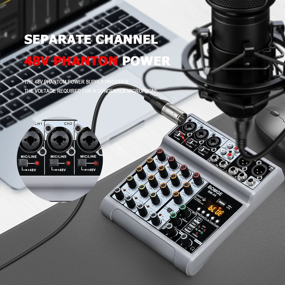 BOMGE 5 Channel Mixer with 3 Mic Line Input 48V Stereo Bluetooth MP3 PC U Dish Recording for Studio with Headphone Monitoring