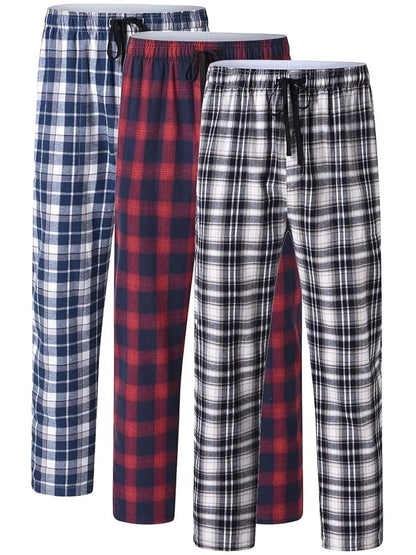 Men's 3Pcs Pajama Sleeping Pants Cotton Plaid Pjs, Long Plaid Print Sleepwear Pajama Pants with Elastic Waist Homewear
