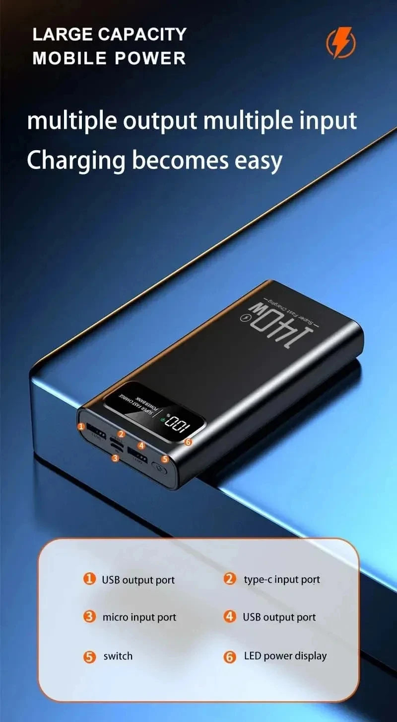 Lenovo 140W Power Bank 200000mAh Large Capacity Super Fast Charging Digital Display For iPhone Samsung Emergency Power Battery