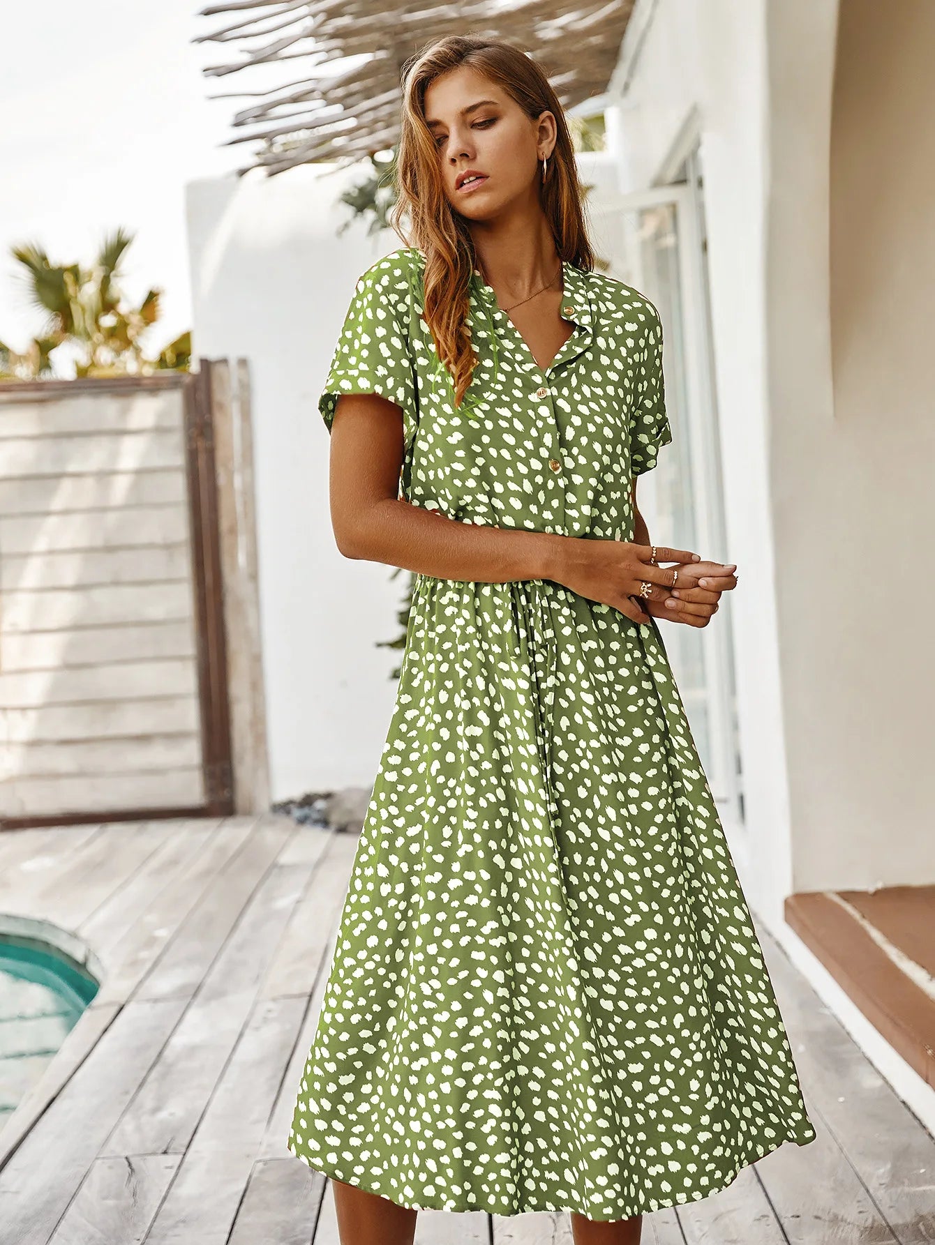 Vintage Blommig Boho Skjortklänning – Kortärmad, Lång, Nedvikt Krage, Skärp, 6 Färger, S–XL
