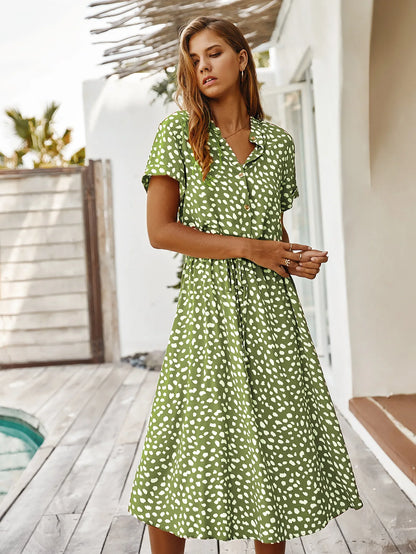 Vintage Blommig Boho Skjortklänning – Kortärmad, Lång, Nedvikt Krage, Skärp, 6 Färger, S–XL