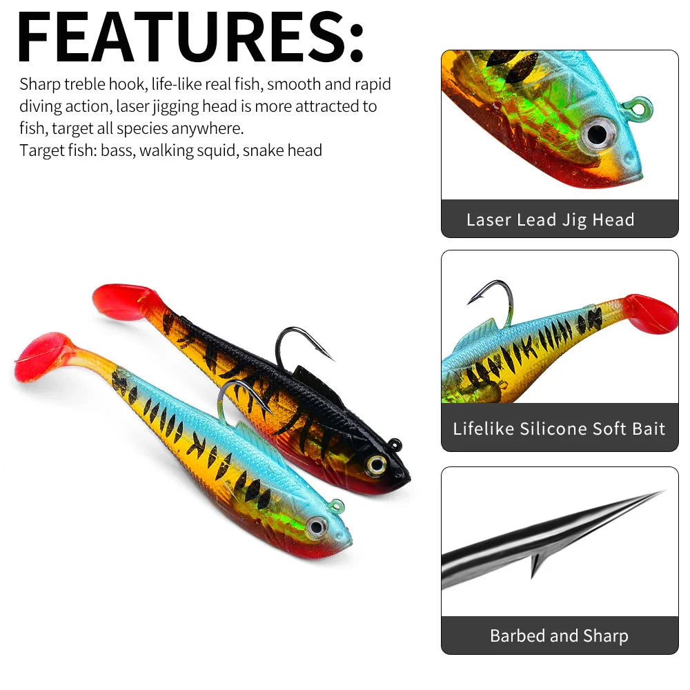 Artificial Soft Bait With Jig Head 4g 10g 25g Jigging Soft Lure Rubber T Tail Fishing Lures Swim Bait For Bass Pike Bass Tackle