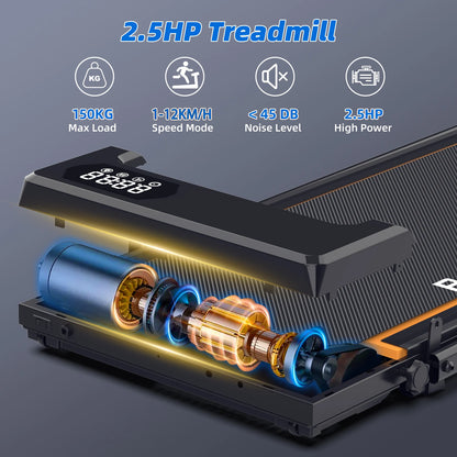 RAMYPOKET Walking Pad Foldable With Incline 9% , 2.5HP 1-10km/h Walking Pad With APP&LED, Max 150kg Treadmill For Home & Office