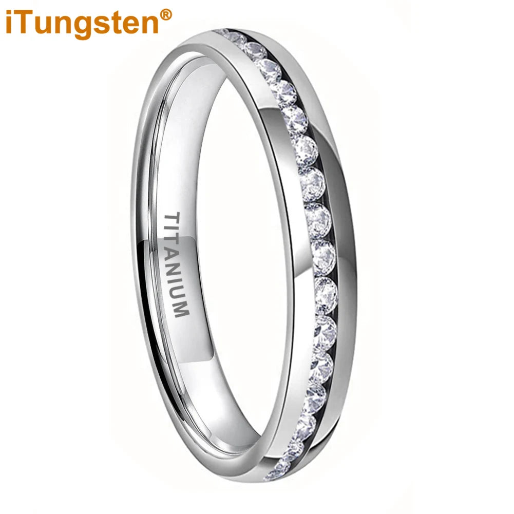 ITungsten 2/3/4mm Men Women Titanium Princess Cubic Zirconia CZ Inlay Ring Nice Eternity Engagement Wedding Band