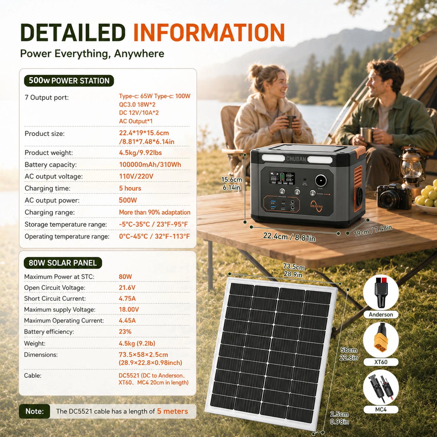 Portable Power Station 500W Optional 80W Rigid Solar Panel with 5m Extension Cable Outdoor Solar Generator for Camping RV Emergency Backup Power