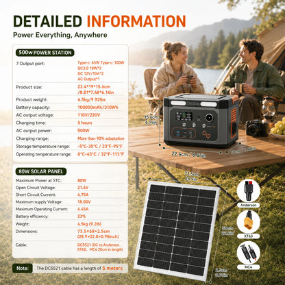 Portable Power Station 500W Optional 80W Rigid Solar Panel with 5m Extension Cable Outdoor Solar Generator for Camping RV Emergency Backup Power