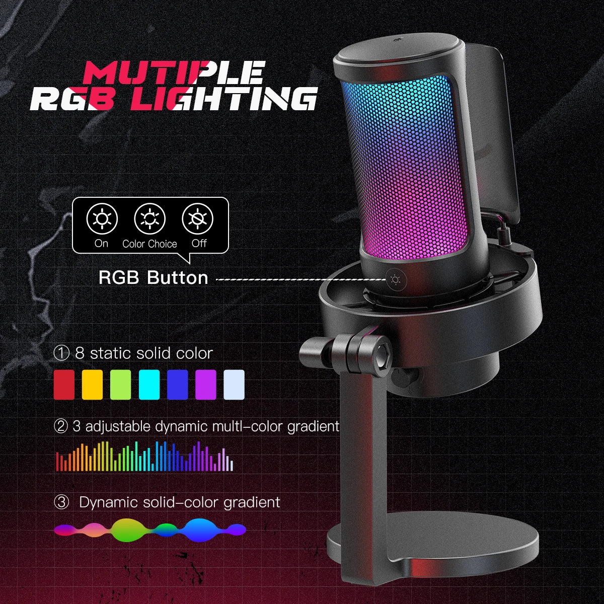 FIFINFIFINE USB Gaming Microfono Para PC Mac PS4 PS5, RGB Condensador Micrófono Per Streaming,Podcasts, Con Control RGB A8