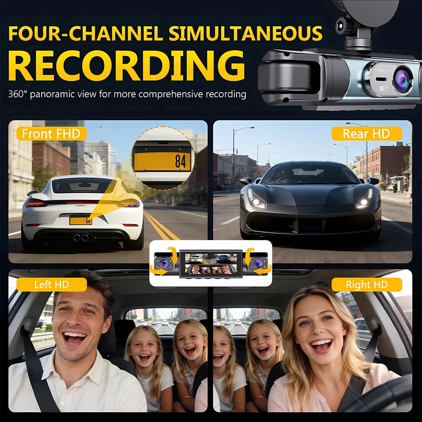 WIFI 4-Channel Car DVR Dash Cam With 4 Cameras Full HD 1080P Video Recorder Night Vision Black Box Cabin Camera 24H Parking