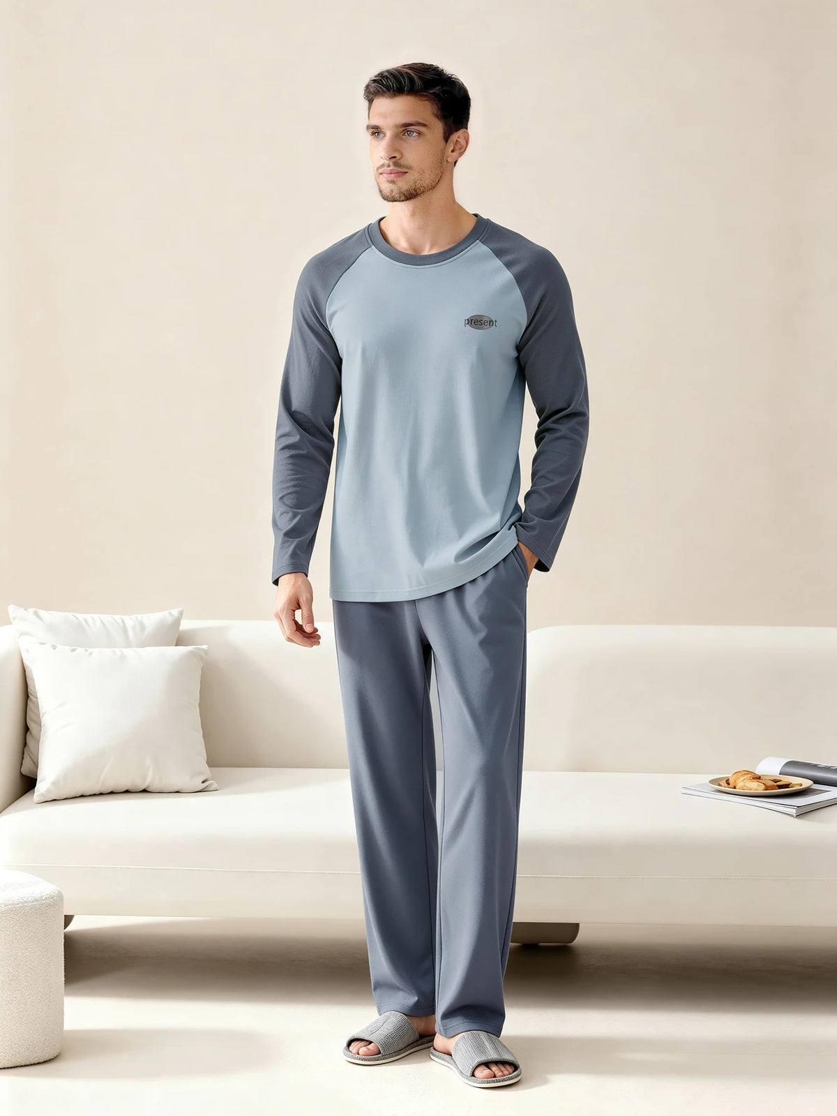 Herr Pyjamas 100% Bomull Långärmad – Fyra Säsonger Plus Size Tonår Hemmaset, L–3XL