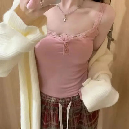 Dam Coquette Y2K Spets Crop Top – Ärmlös Koreansk Stil Sommar Linne Sexig Kawaii, 10 Färger One Size