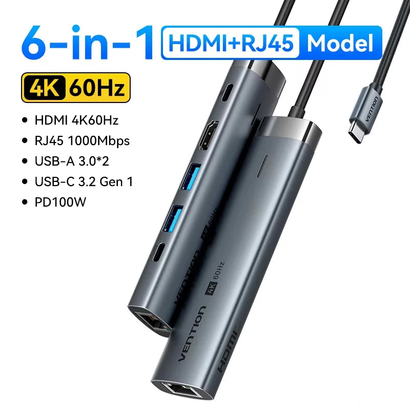 Vention USB C HUB 4K 60Hz Type C to HDMI RJ45 Ethernet PD 100W SD TF for MacBook PC iPad Sumsang PC Tablet Phone USB 3.0 Hub
