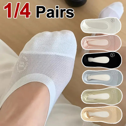 1/4/10 Pairs Women Breathable Mesh Invisible Socks Spring Summer Thin Soft Comfortable Silicone Anti Slip Cotton Casual Socks