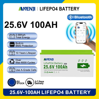 ANENJI LiFePO4 Batteri 25,6V 100Ah – Bluetooth-övervakning, Smart BMS, Grade A-celler, >6000 Cykler, Husbil/Båt/Sol/Off-Grid, EU-lager (Polen)