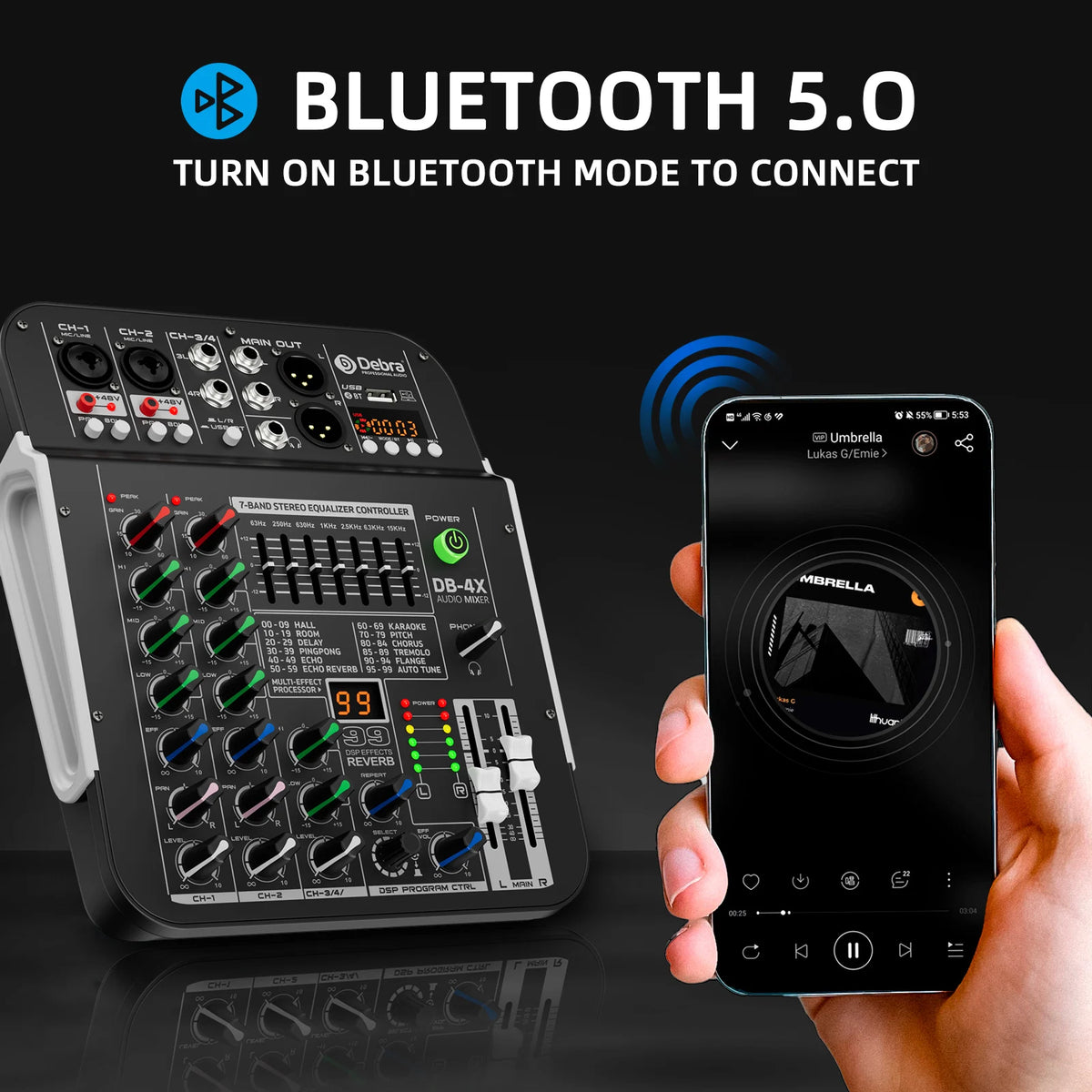 DB-4X 4-kanals mixerbord med USB, Bluetooth och DSP-reverb