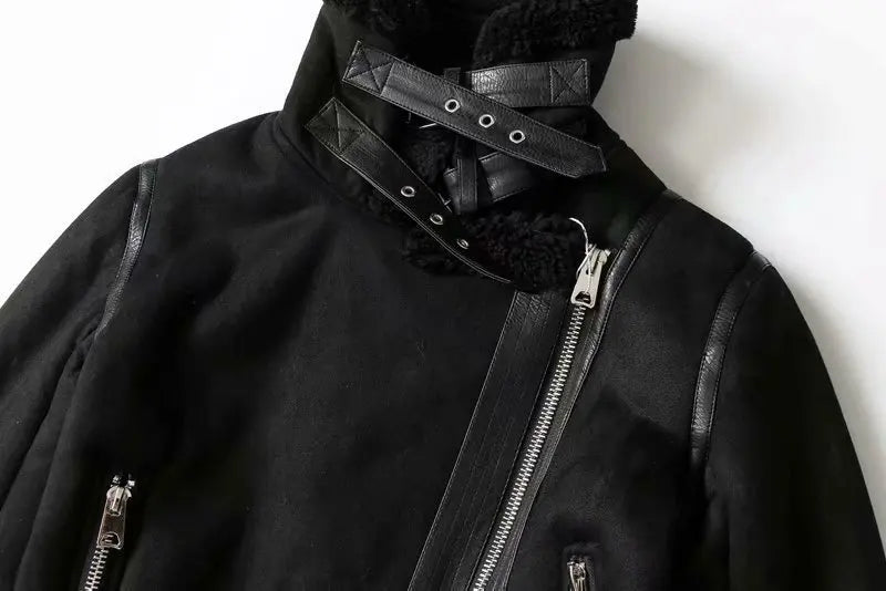 Varm Lammskinnsjacka Dam – Kort Motorcykelstil, Faux Shearling, Mocka, 2 Färger, XS–XL