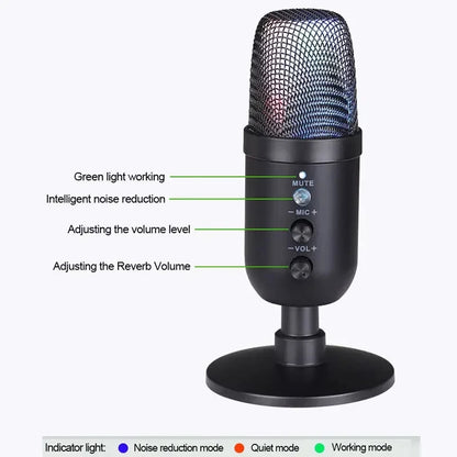 USB Gaming Microphone for PC Condenser Podcast Mic for Studio Recording Headphone Jack RGB Noise Cancellation with Mute Button