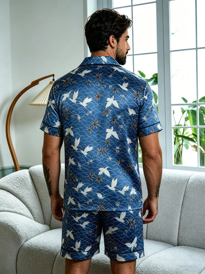 HZOIOYS randigt pyjamasset herr med satinkänsla – kortärmat, S–1XL