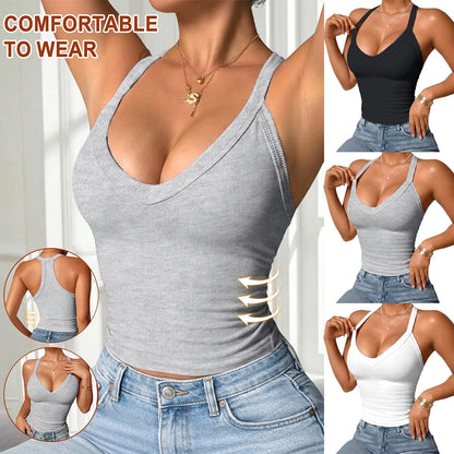 Women's Ribbed Tank Tops Knitted Cropped Tops Deep V-Neck Slim Fit Camisole Y2K Corset Vest Casual Summer Basic Tee Tops