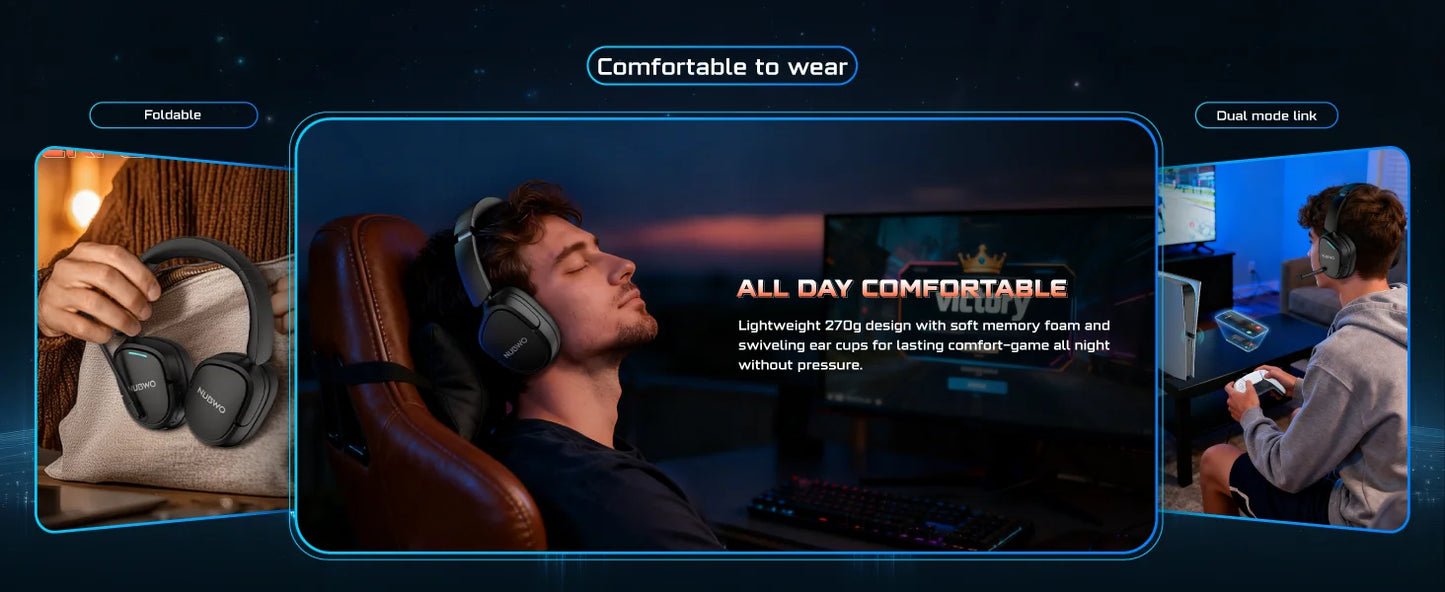 NUBWO HG04 Trådlöst Gaming Headset – Dubbel 2.4GHz & Bluetooth 5.3 80h Batteritid 3 EQ-lägen Riktad Mikrofon PS5 PC Xbox Switch