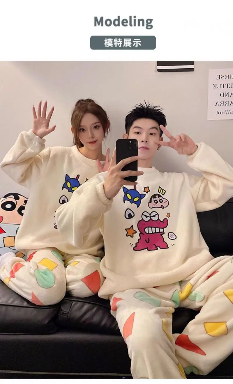Kawaii Crayon Shin-Chan Couple Pajamas Set New Men's/women's Fashion Casual Pajama Plush Coral Fleece Winter Cartoon Homeclothes