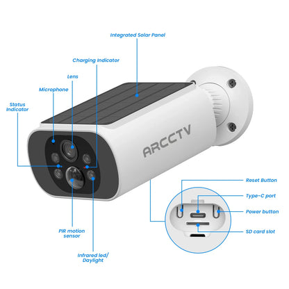 ARCCTV 2K WiFi Solar Camera Color Night Vision Two Way Talk FHD Surveillance Camera Outdoor Wireless IP66 Waterproof Siren Alarm
