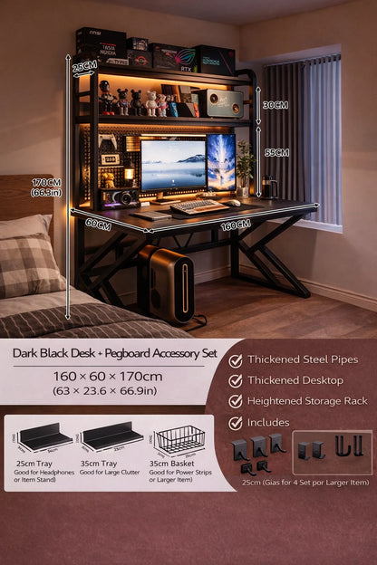 Gaming Desk with Bookshelf and Pegboard Computer Desk with Storage Shelf Home Office Study Desk for Bedroom Small Space