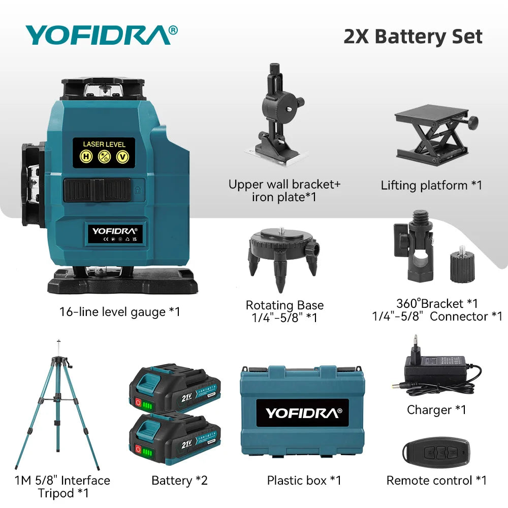 YOFIDRA 4D 16 Lines Laser Level Self-Leveling 360° Horizontal Vertical Leveling Tools With 1M Tripod For Makita 21V Battery Pin