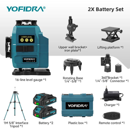 YOFIDRA 4D 16 Lines Laser Level Self-Leveling 360° Horizontal Vertical Leveling Tools With 1M Tripod For Makita 21V Battery Pin
