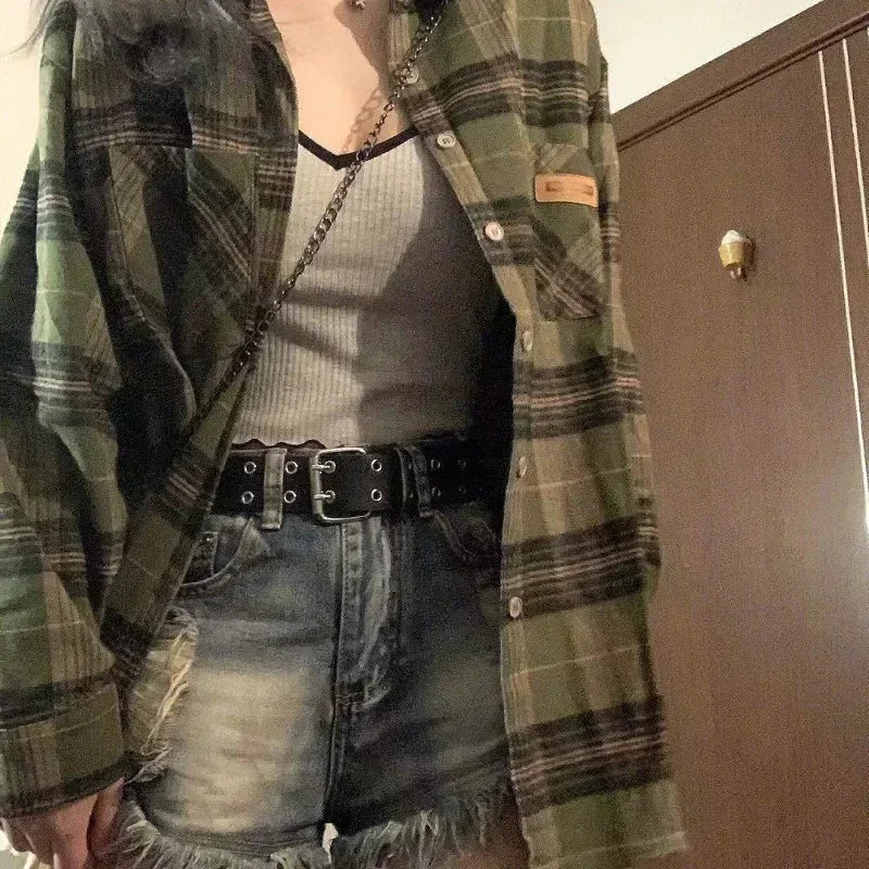 Vintage Dark Green Plaid Shirt Women Long Sleeve Oversized American Casual Fall Layering Top Blouse Coat Jacket