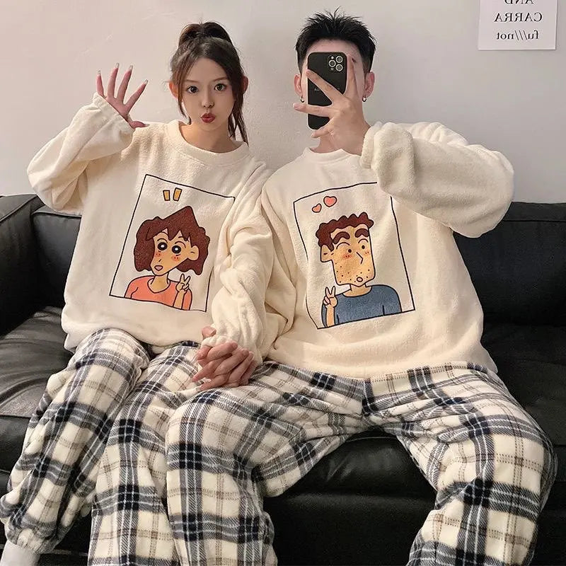 Kawaii Crayon Shin-Chan Couple Pajamas Set New Men's/women's Fashion Casual Pajama Plush Coral Fleece Winter Cartoon Homeclothes