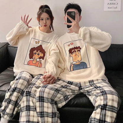 Kawaii Crayon Shin-Chan Couple Pajamas Set New Men's/women's Fashion Casual Pajama Plush Coral Fleece Winter Cartoon Homeclothes