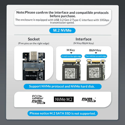 M2 SSD Case M.2 NVMe SATA SSD Enclosure Adapter 10Gbps USB 3.2 Gen2 USB C External Enclosure Supports M and B and B&M Keys