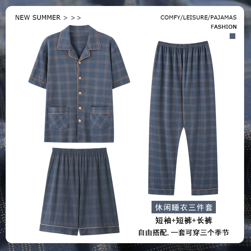 2023 New Cotton Sleepwear Men's 3 Pieces Set Homewear Plus Size 4XL Cardigan Nightwear Short Sleep Tops & Shorts & Long Pants