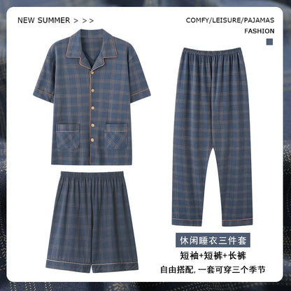 2023 New Cotton Sleepwear Men's 3 Pieces Set Homewear Plus Size 4XL Cardigan Nightwear Short Sleep Tops & Shorts & Long Pants