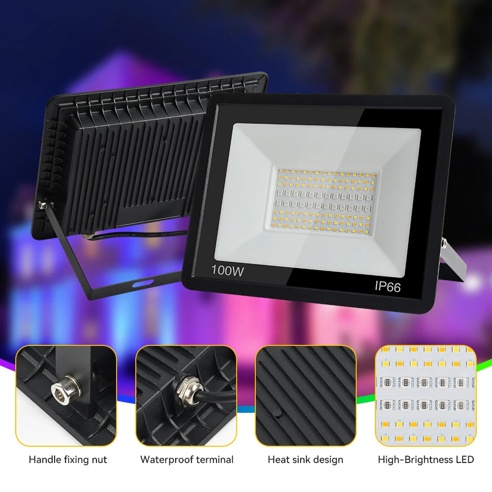 Tuya Smart RGB LED Strålkastare 100W – WiFi, App-styrd, RGB+CCT 3000–6000K, Vattentålig, EU-lager