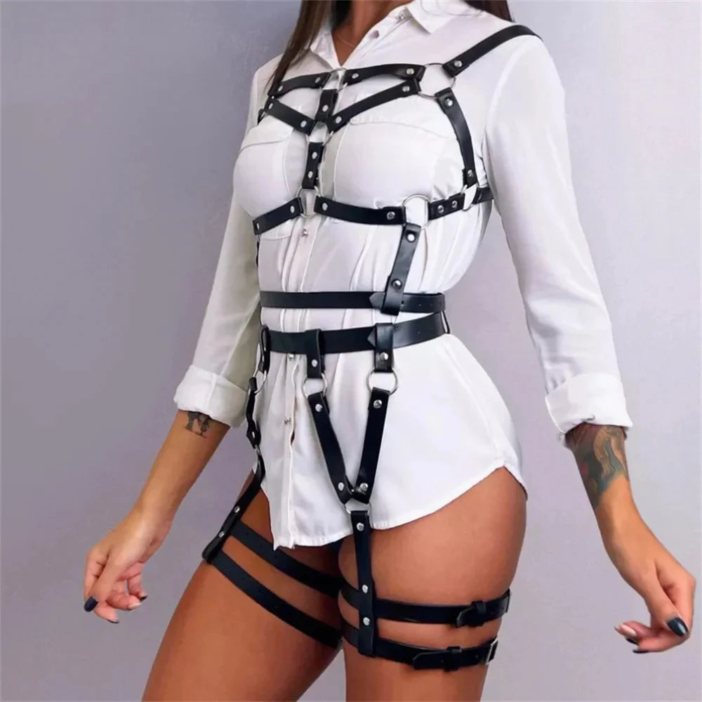 Sexigt Body Harness & Garterbälte Set – Justerbart Konstläder, Fetish & BDSM Lingerie