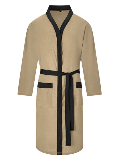 Men's Twill Fabric Long Bathrobe with Belt Design, Double Pockets, Casual Home Pajamas, Loose Fit, Hotel Resort Style, Nightwear