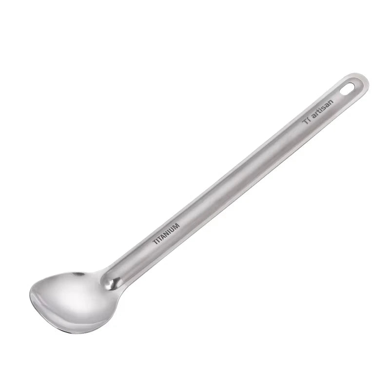 Tiartisan Titaniumsked & Spork – Ultralättviktig 15g, Långt Handtag, Frostad/Polerad, Camping