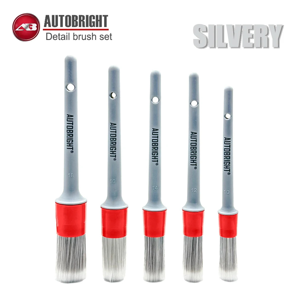 AUTOBRIGHT 5pcs Car Wash Brushes High quality soft brush Dense Bristles Car Detailing Clean Interior Wheel Silver Brush set Tool