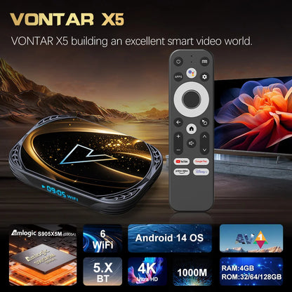 VONTAR X5 TV Box Android 14 Amlogic S905X5M(S905A) 4GB 128GB 32GB 64GB 1000M LAN Wifi6 4K AV1 Media Player TV Box Set Top Box