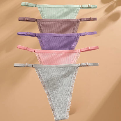 FINETOO 5PCS/Set Sexy G-string Panties Cotton Women's Underwear Adjustable Waist Girl Female Pantys Bikini Lady Thongs Lingerie