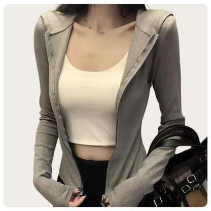 Korean Style Spring and Autumn Women's Light Gray Vertical Stripe Slim-Fit Thin Short Jacket with Two-Way Zipper Hoodie