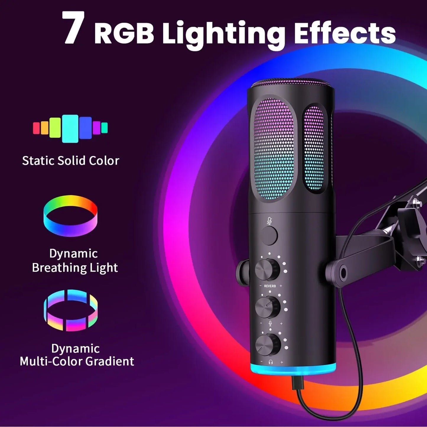PUPGSIS Gaming USB Microphone, Noise Cancellation Condenser Mic with Mute, Gain, RGB Lights, Boom Arm Stand for Streaming, PC