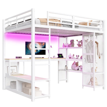 140x200cm Metal High Bed with Storage and Open Wardrobe, Kids Bedroom Bed with USB Connector and LED Lighting, Black/white