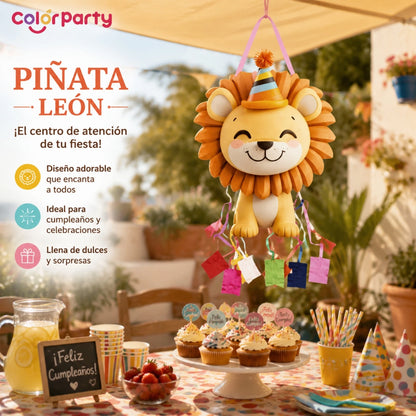 Lejonpiñata med partyhatt och dragband – 48 × 36,4 cm