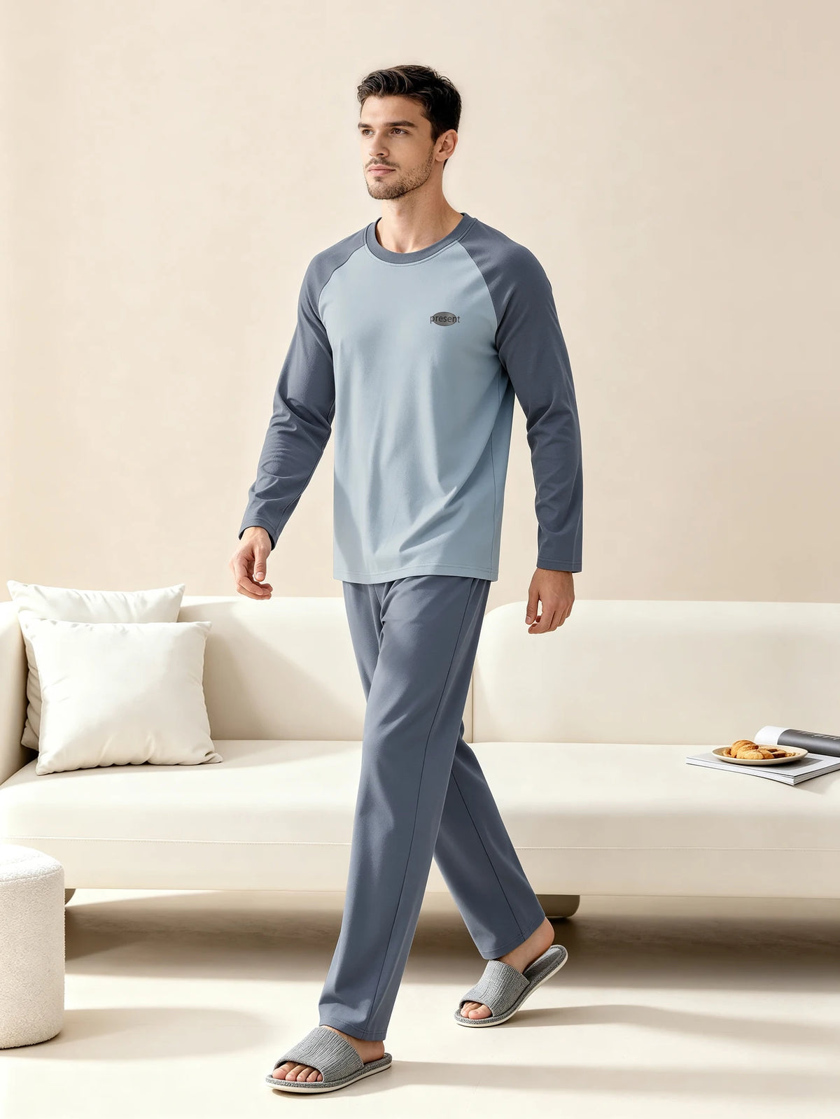 Herr Pyjamas 100% Bomull Långärmad – Fyra Säsonger Plus Size Tonår Hemmaset, L–3XL